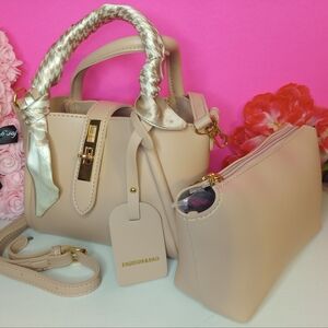 Pink  Leather Crossbody Satchel w matching clutch